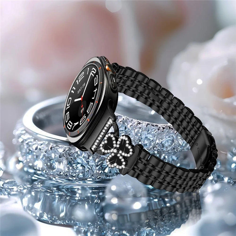 Electroplated Heart Clover Metal Band for Samsung Galaxy Watch Ultra2 47mm / Watch Ultra (2025) 47mm / Watch Ultra 47mm Watch Strap 7-Bead Shiny Design - Black+Black Shell - 5