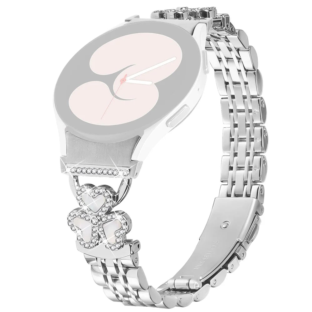 Silver Heart Clover Metal Band with Connector for Samsung Galaxy Watch7 / 6 / 5 / 4 44mm 40mm / FE 40mm / 5 Pro 45mm / 6 Classic 43mm 47mm / 4 Classic 46mm 42mm Watch Strap 7-Bead Shiny Design - 1