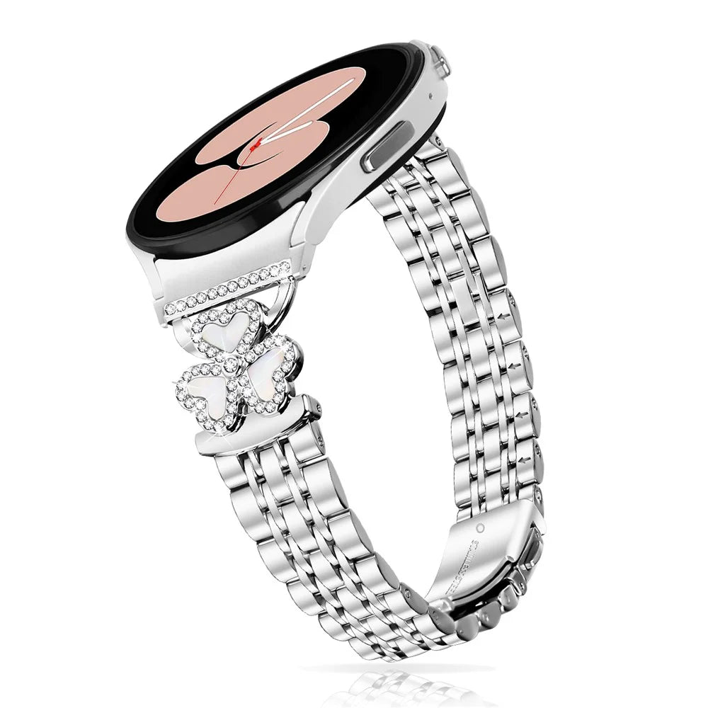 Silver Heart Clover Metal Band with Connector for Samsung Galaxy Watch7 / 6 / 5 / 4 44mm 40mm / FE 40mm / 5 Pro 45mm / 6 Classic 43mm 47mm / 4 Classic 46mm 42mm Watch Strap 7-Bead Shiny Design - 3