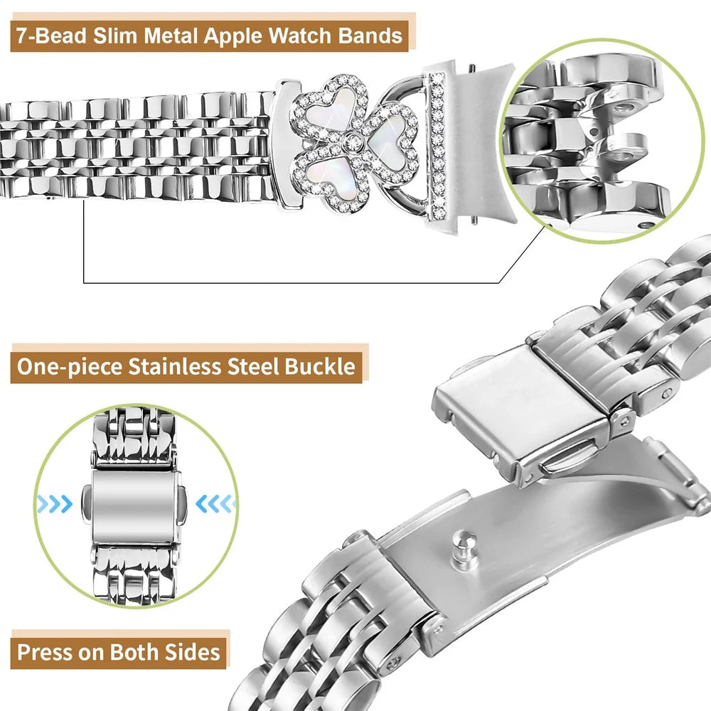 Silver Heart Clover Metal Band with Connector for Samsung Galaxy Watch7 / 6 / 5 / 4 44mm 40mm / FE 40mm / 5 Pro 45mm / 6 Classic 43mm 47mm / 4 Classic 46mm 42mm Watch Strap 7-Bead Shiny Design - 4