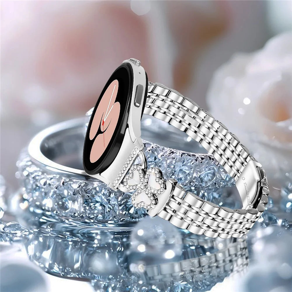 Silver Heart Clover Metal Band with Connector for Samsung Galaxy Watch7 / 6 / 5 / 4 44mm 40mm / FE 40mm / 5 Pro 45mm / 6 Classic 43mm 47mm / 4 Classic 46mm 42mm Watch Strap 7-Bead Shiny Design - 5