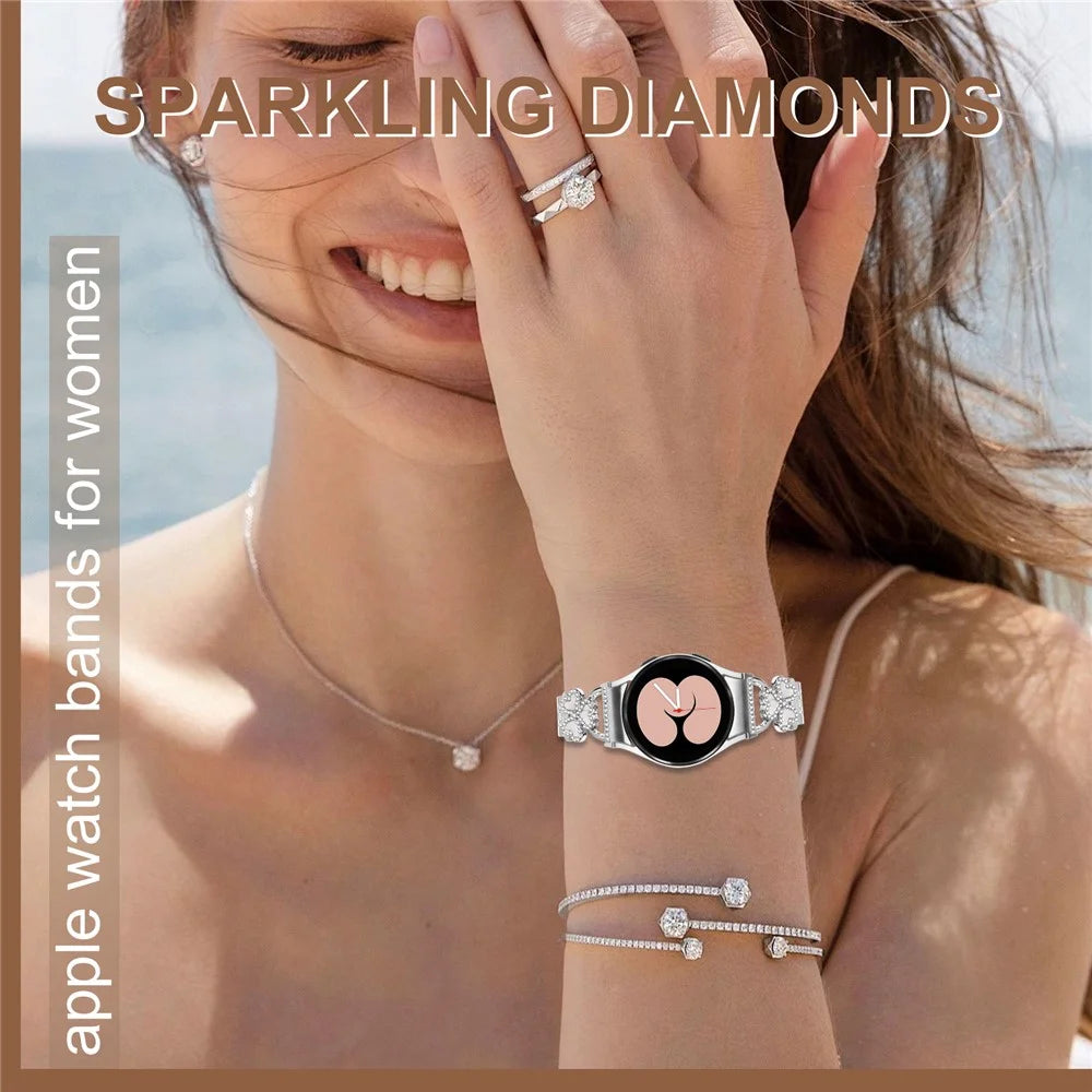 Silver Heart Clover Metal Band with Connector for Samsung Galaxy Watch7 / 6 / 5 / 4 44mm 40mm / FE 40mm / 5 Pro 45mm / 6 Classic 43mm 47mm / 4 Classic 46mm 42mm Watch Strap 7-Bead Shiny Design - 7