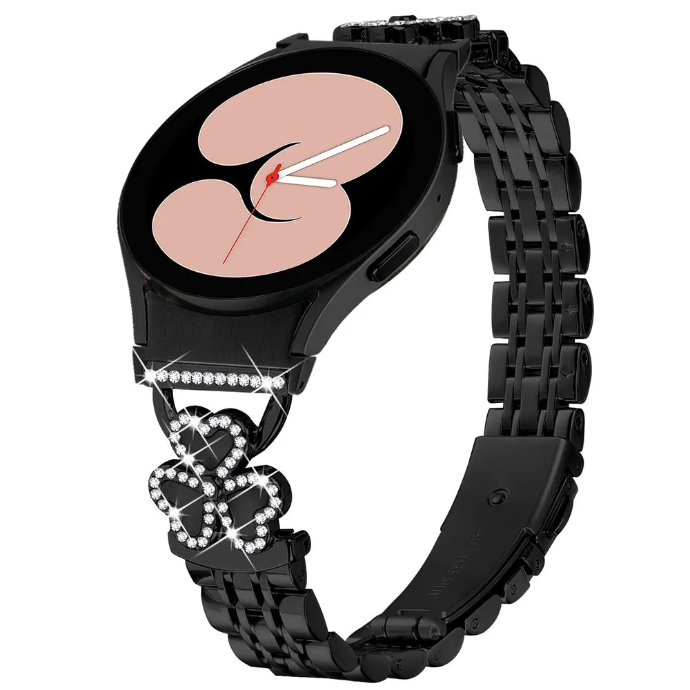 7-Bead Electroplated Band with Connector for Samsung Galaxy Watch7 / 6 / 5 / 4 44mm 40mm / FE 40mm / 5 Pro 45mm / 6 Classic 43mm 47mm / 4 Classic 46mm 42mm Watch Strap Heart Clover Metal Shiny Design - Black+Black Shell - 2