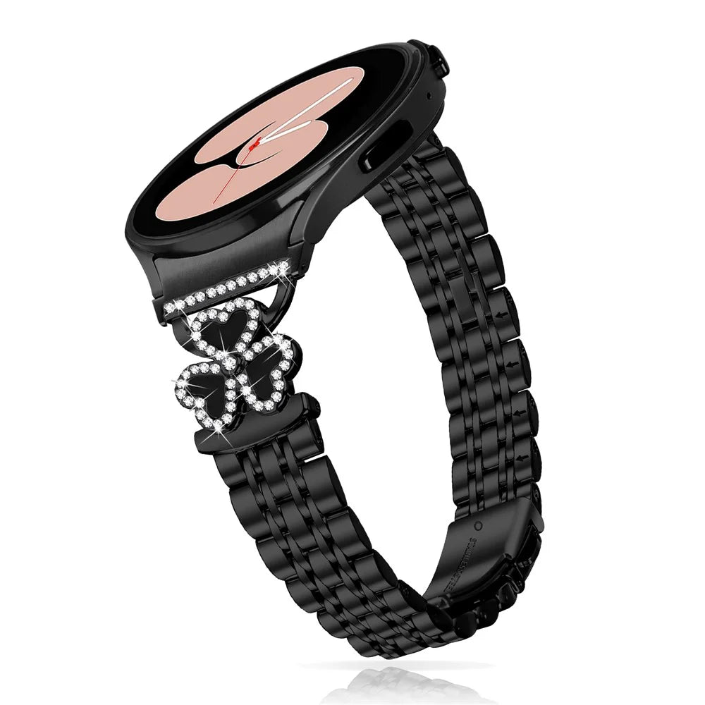 7-Bead Electroplated Band with Connector for Samsung Galaxy Watch7 / 6 / 5 / 4 44mm 40mm / FE 40mm / 5 Pro 45mm / 6 Classic 43mm 47mm / 4 Classic 46mm 42mm Watch Strap Heart Clover Metal Shiny Design - Black+Black Shell - 3