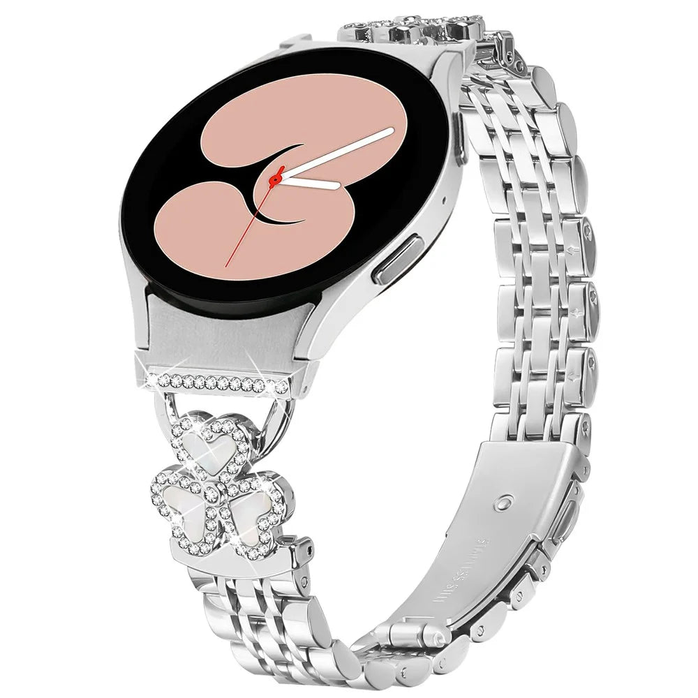 7-Bead Heart Clover Silver Band with Quick Release Connector for Samsung Galaxy Watch7 / 6 / 5 / 4 44mm 40mm / FE 40mm / 5 Pro 45mm / 6 Classic 43mm 47mm / 4 Classic 46mm 42mm Metal Watch Strap Shiny Design - 2