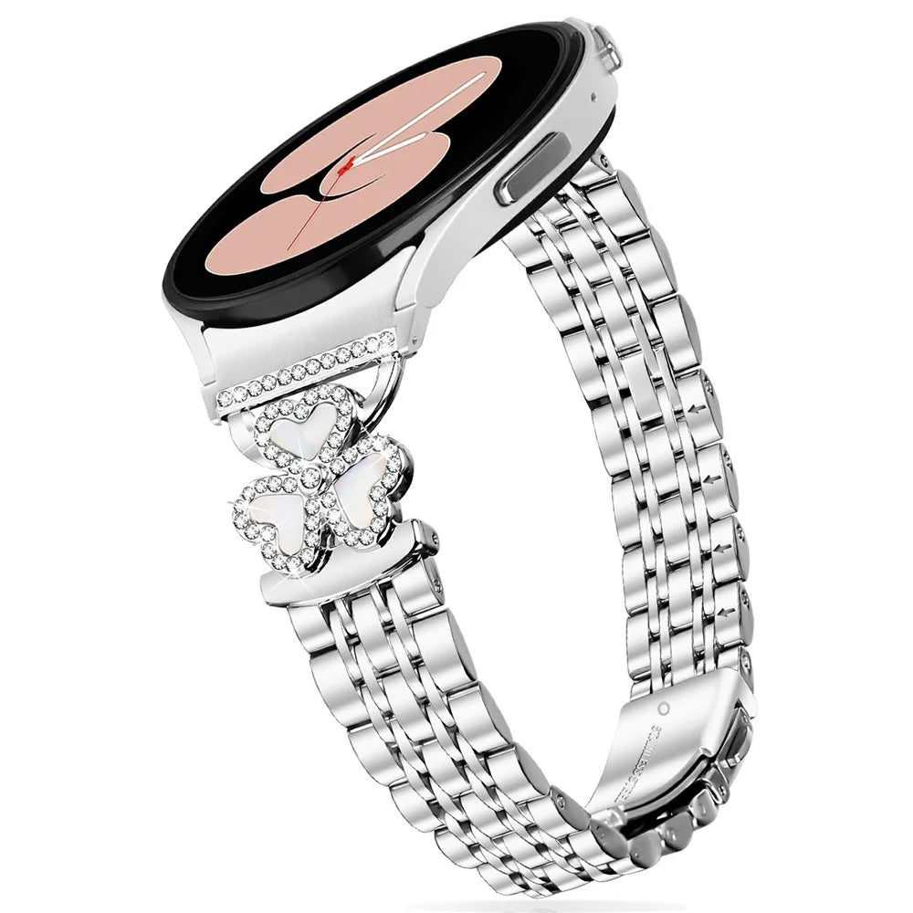 7-Bead Heart Clover Silver Band with Quick Release Connector for Samsung Galaxy Watch7 / 6 / 5 / 4 44mm 40mm / FE 40mm / 5 Pro 45mm / 6 Classic 43mm 47mm / 4 Classic 46mm 42mm Metal Watch Strap Shiny Design - 3