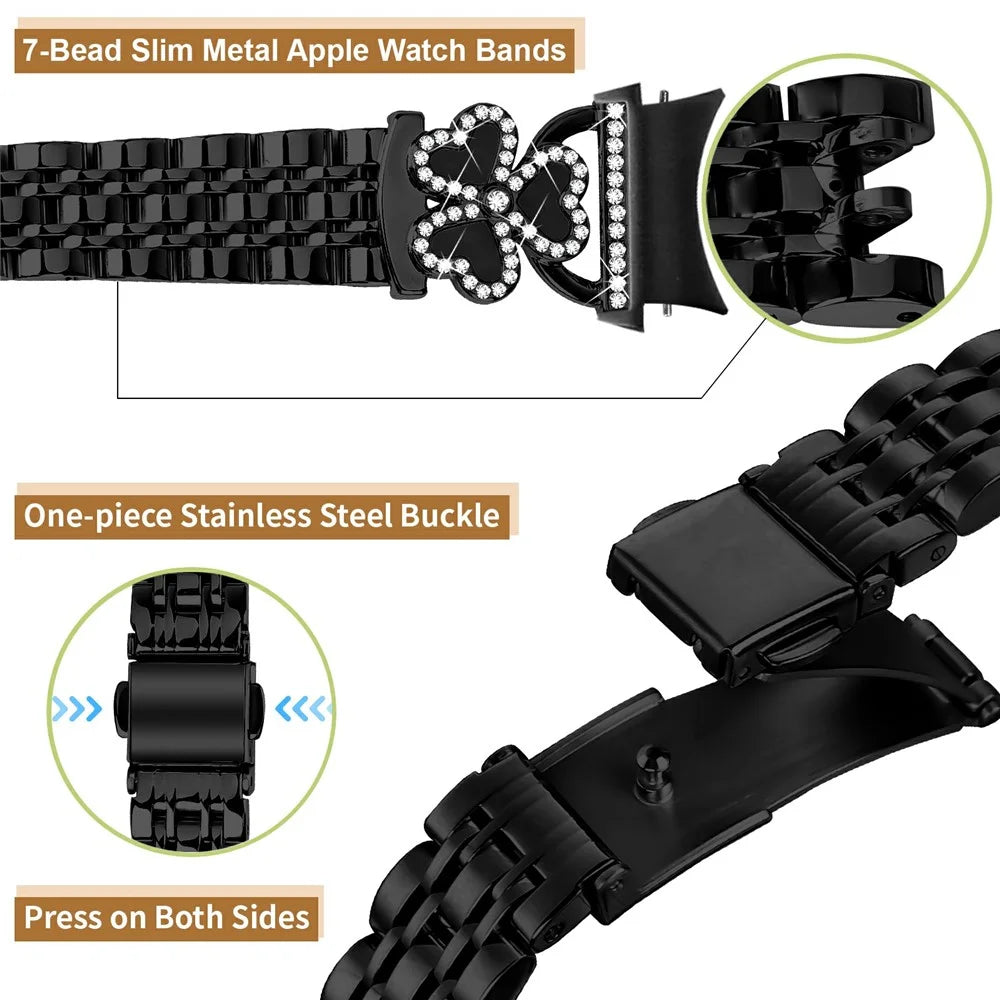 7-Bead Electroplated Band with Quick Release Connector for Samsung Galaxy Watch7 / 6 / 5 / 4 44mm 40mm / FE 40mm / 5 Pro 45mm / 6 Classic 43mm 47mm / 4 Classic 46mm 42mm Metal Strap Heart Clover - Black+Black Shell - 4