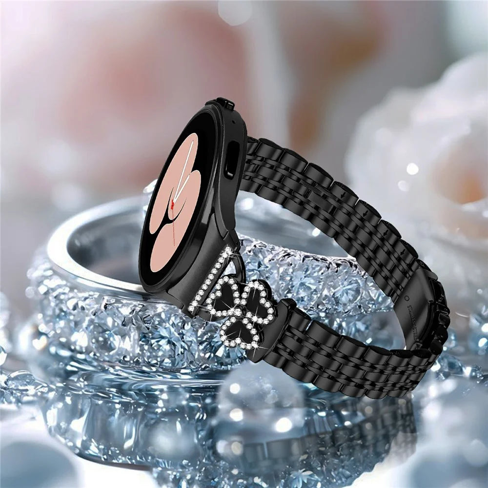 7-Bead Electroplated Band with Quick Release Connector for Samsung Galaxy Watch7 / 6 / 5 / 4 44mm 40mm / FE 40mm / 5 Pro 45mm / 6 Classic 43mm 47mm / 4 Classic 46mm 42mm Metal Strap Heart Clover - Black+Black Shell - 6