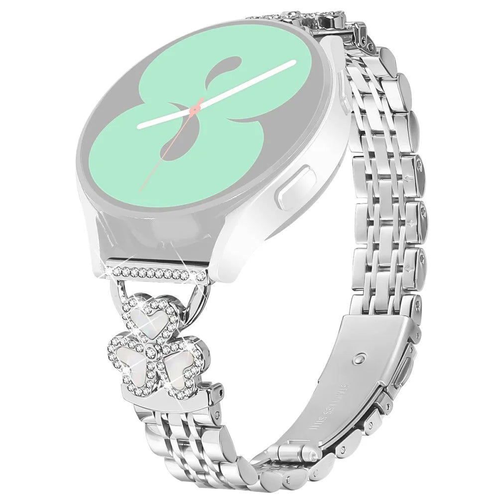 Silver Heart Clover Metal Band for Samsung Galaxy Watch7 / 6 / 5 / 4 44mm 40mm / FE 40mm / 5 Pro 45mm / 6 Classic 43mm 47mm / 4 Classic 46mm 42mm Watch Strap 7-Bead Shiny Design - 1