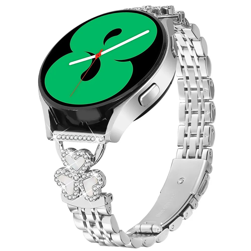 Silver Heart Clover Metal Band for Samsung Galaxy Watch7 / 6 / 5 / 4 44mm 40mm / FE 40mm / 5 Pro 45mm / 6 Classic 43mm 47mm / 4 Classic 46mm 42mm Watch Strap 7-Bead Shiny Design - 2