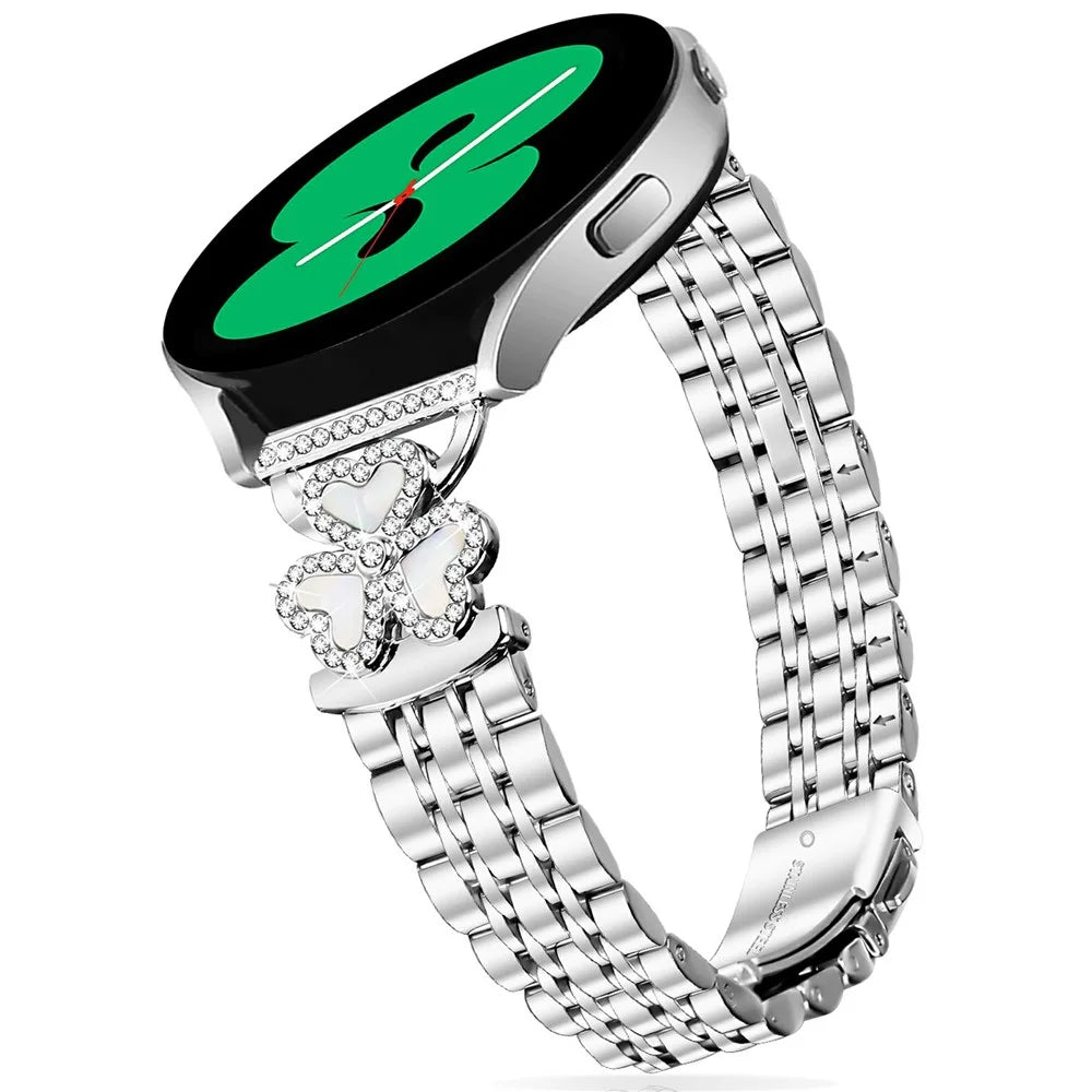 Silver Heart Clover Metal Band for Samsung Galaxy Watch7 / 6 / 5 / 4 44mm 40mm / FE 40mm / 5 Pro 45mm / 6 Classic 43mm 47mm / 4 Classic 46mm 42mm Watch Strap 7-Bead Shiny Design - 3