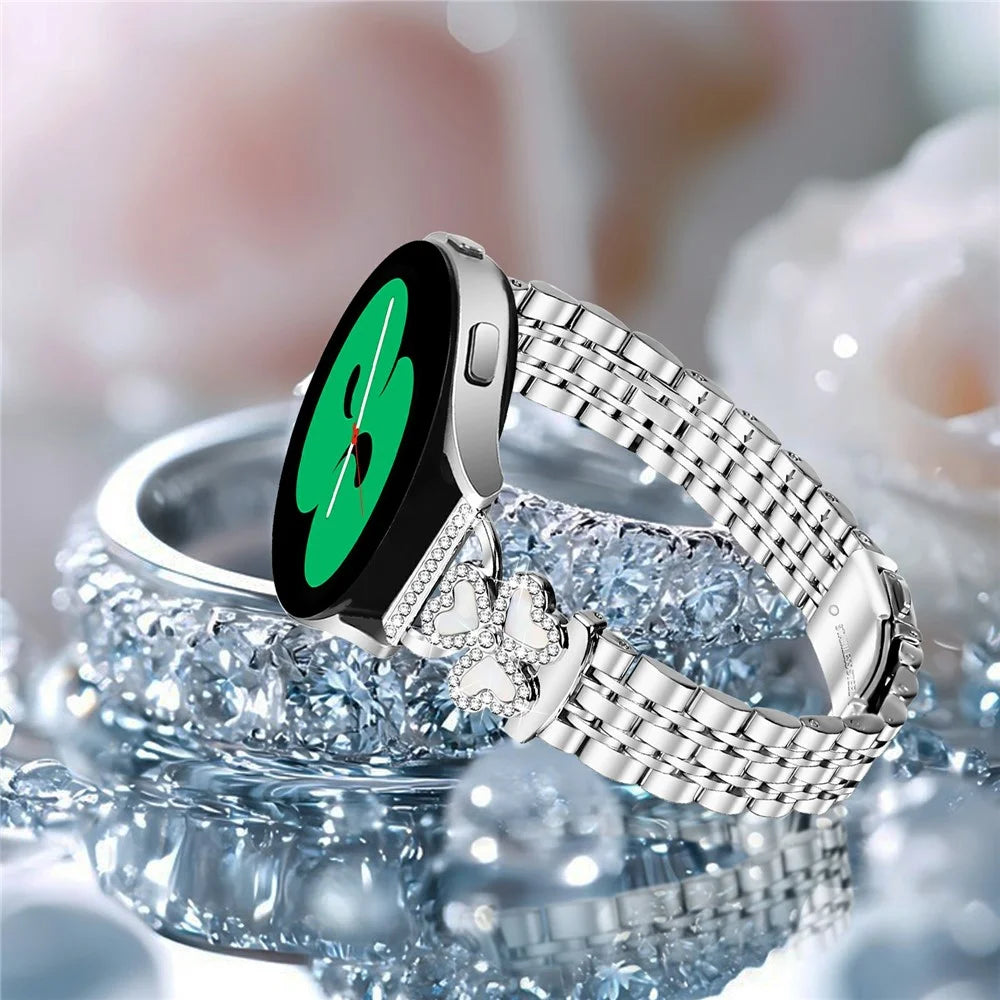 Silver Heart Clover Metal Band for Samsung Galaxy Watch7 / 6 / 5 / 4 44mm 40mm / FE 40mm / 5 Pro 45mm / 6 Classic 43mm 47mm / 4 Classic 46mm 42mm Watch Strap 7-Bead Shiny Design - 6