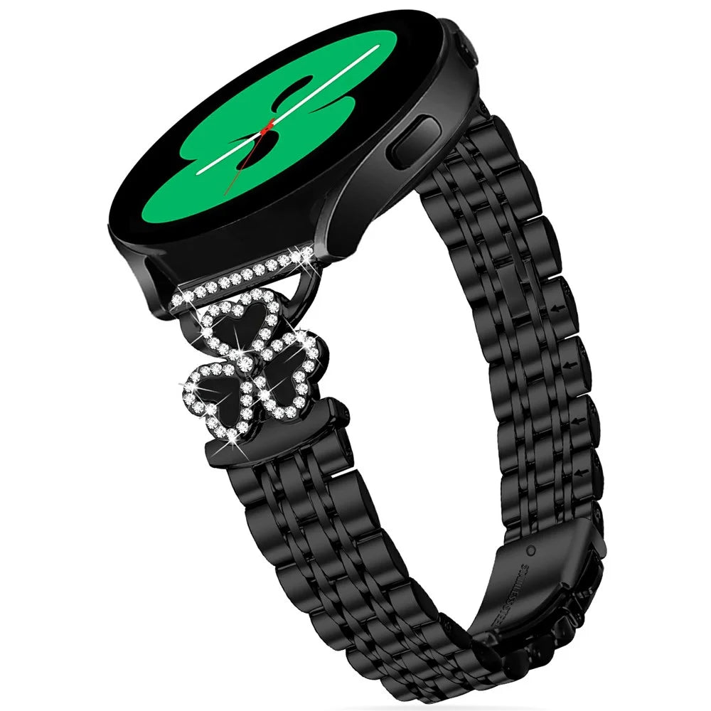 Electroplated Heart Clover Metal Band for Samsung Galaxy Watch7 / 6 / 5 / 4 44mm 40mm / FE 40mm / 5 Pro 45mm / 6 Classic 43mm 47mm / 4 Classic 46mm 42mm Watch Strap 7-Bead Shiny Design - Black+Black Shell - 3