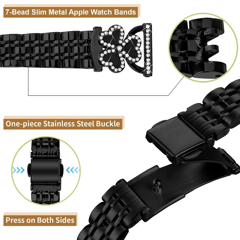 Electroplated Heart Clover Metal Band for Coros Apex 2 / Pace 2 / TicWatch GTH / E3 Watch Strap 7-Bead Shiny Design - Black+Black Shell - 4