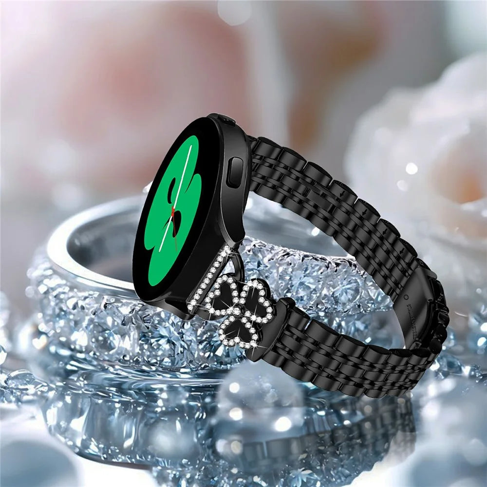 Electroplated Heart Clover Metal Band for Coros Apex 2 / Pace 2 / TicWatch GTH / E3 Watch Strap 7-Bead Shiny Design - Black+Black Shell - 6