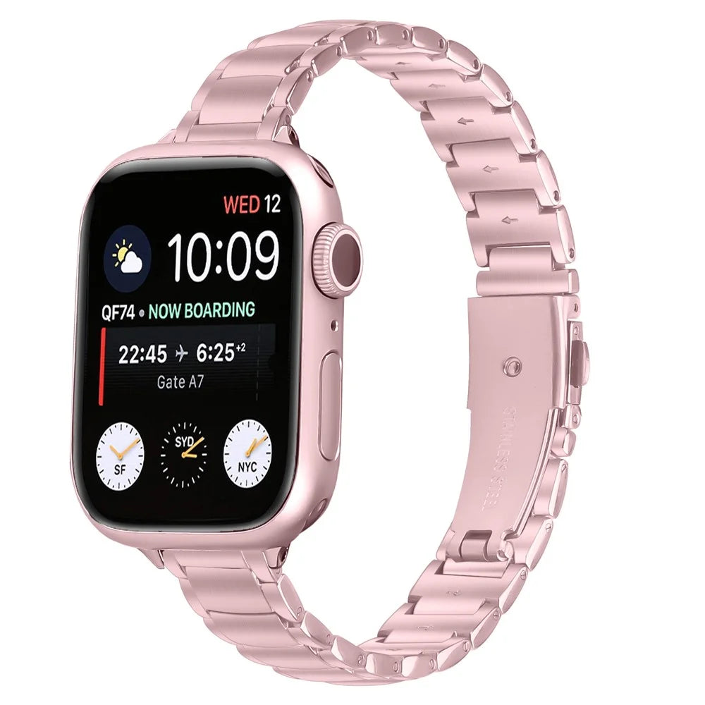 Electroplated Stainless Steel Band for Apple Watch Ultra 3 2 1 49mm  /  Series 11 10 46mm  /  9 8 7 45mm  /  SE3 SE2 SE 6 5 4 44mm  /  3 2 1 42mm Faux Three-Bead Watch Strap - Rose Pink - 2