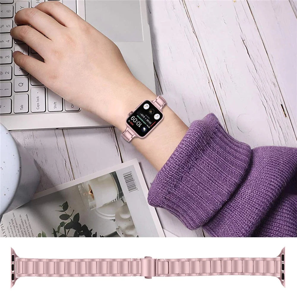 Electroplated Stainless Steel Band for Apple Watch Ultra 3 2 1 49mm  /  Series 11 10 46mm  /  9 8 7 45mm  /  SE3 SE2 SE 6 5 4 44mm  /  3 2 1 42mm Faux Three-Bead Watch Strap - Rose Pink - 3