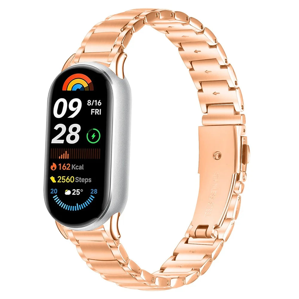 Electroplated Stainless Steel Band for Xiaomi Smart Band 10 / 9 / 8 Faux Three-Bead Watch Strap - Rose Gold - 2
