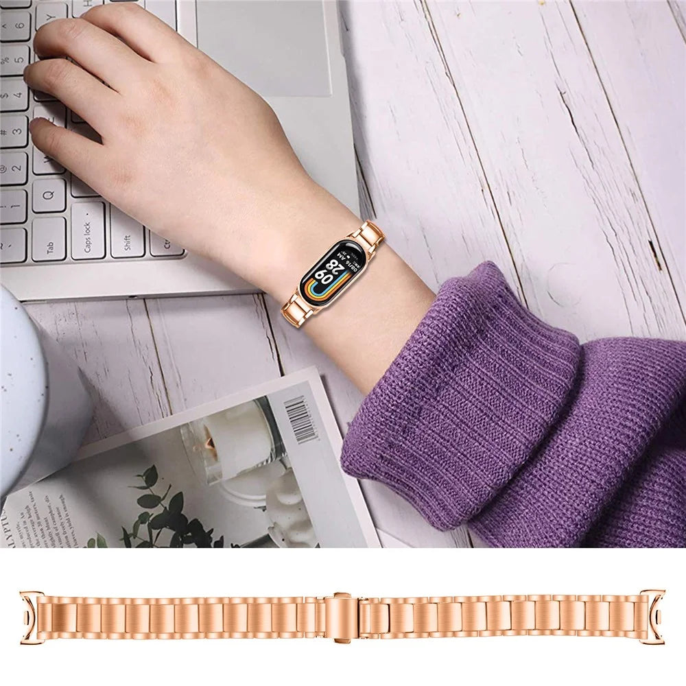 Electroplated Stainless Steel Band for Xiaomi Smart Band 10 / 9 / 8 Faux Three-Bead Watch Strap - Rose Gold - 3