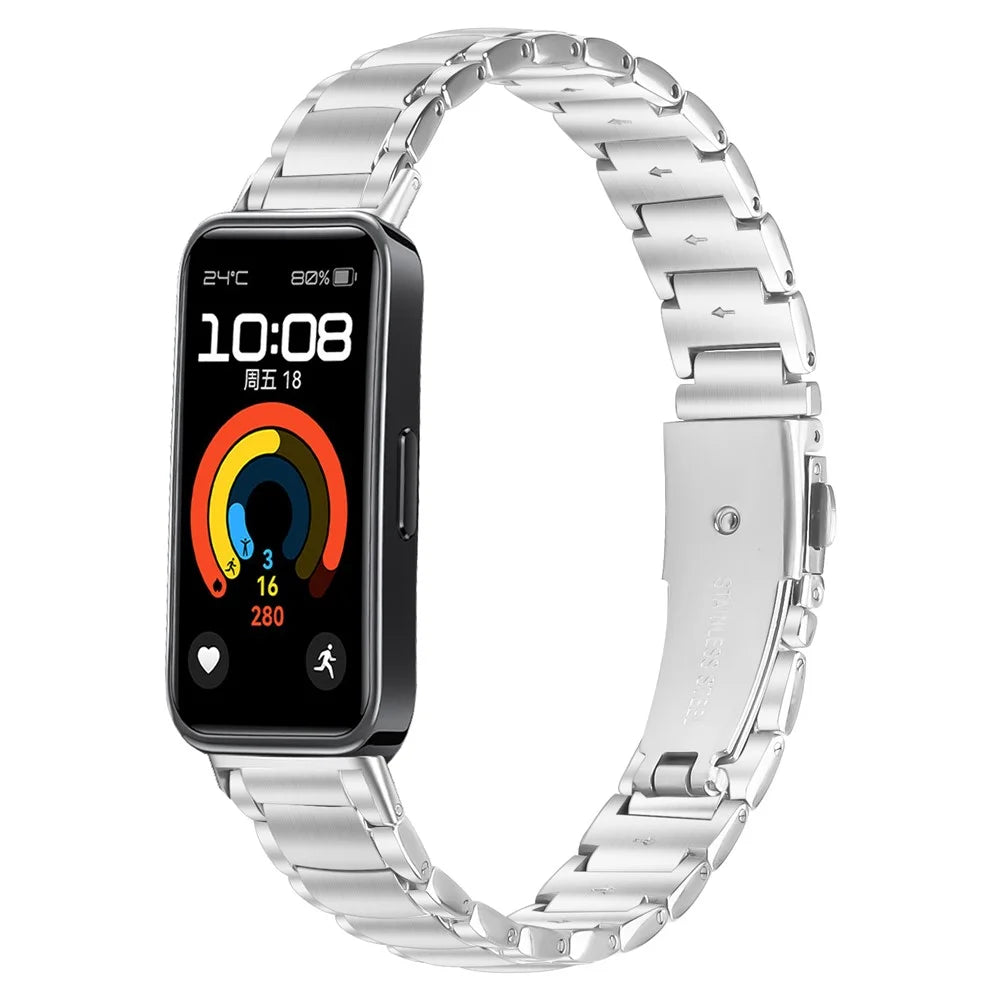 Silver Stainless Steel Band for Huawei Band 10 / 9 / 8 Faux Three-Bead Watch Strap Replacement - 2