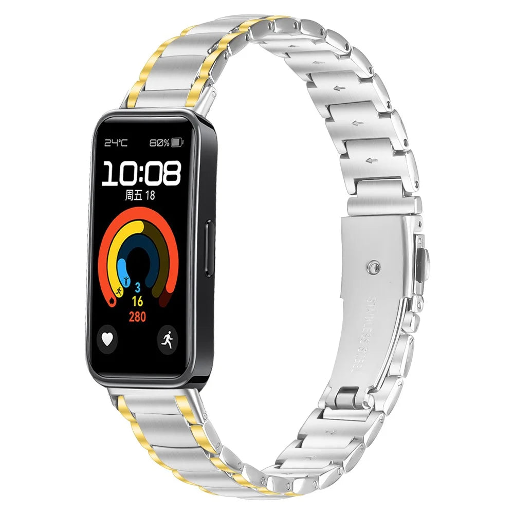 Electroplated Stainless Steel Band for Huawei Band 10 / 9 / 8 Faux Three-Bead Watch Strap Replacement - Gold Splicing - 2