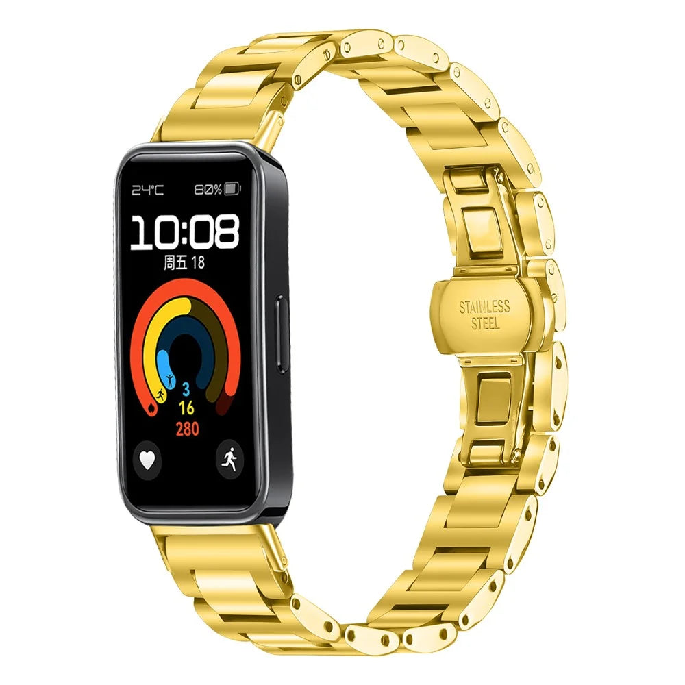 Watch Band for Huawei Band 10 / 9 / 8 Butterfly Clasp Stainless Steel Electroplated Strap - Gold - 2