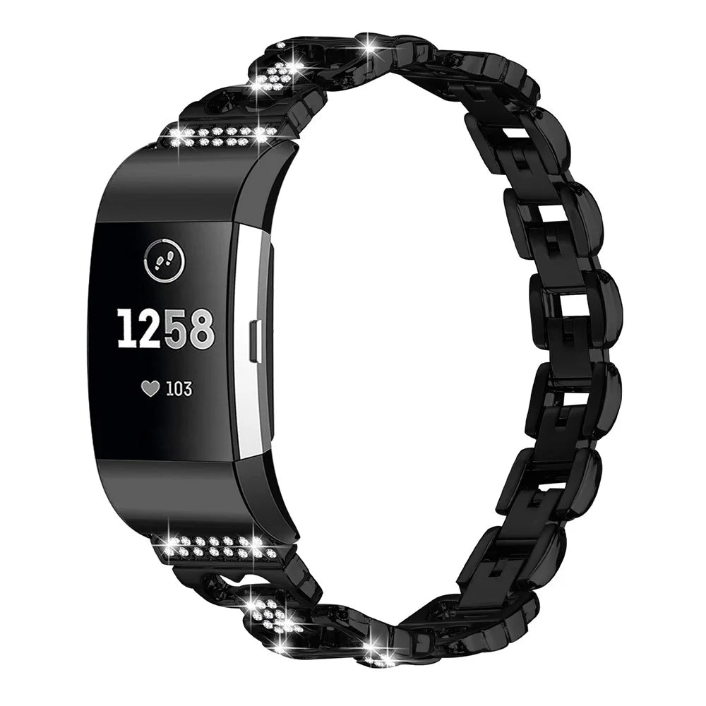 For Fitbit Charge 2 / Charge 2 SE Zinc Alloy Watch Band Rhinestone Inlaid Replacement Metal Strap - Black - 2