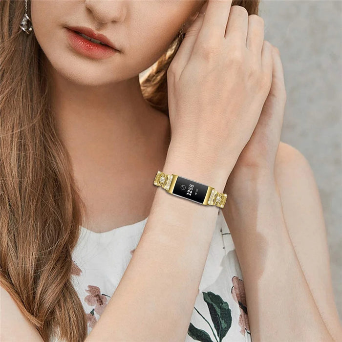 For Fitbit Charge 4 / 3 Zinc Alloy Watch Band Rhinestone Inlaid Replacement Metal Strap - Gold - 4