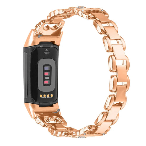 For Fitbit Charge 6 / 5 Zinc Alloy Watch Band Rhinestone Inlaid Replacement Metal Strap - Rose Gold - 1