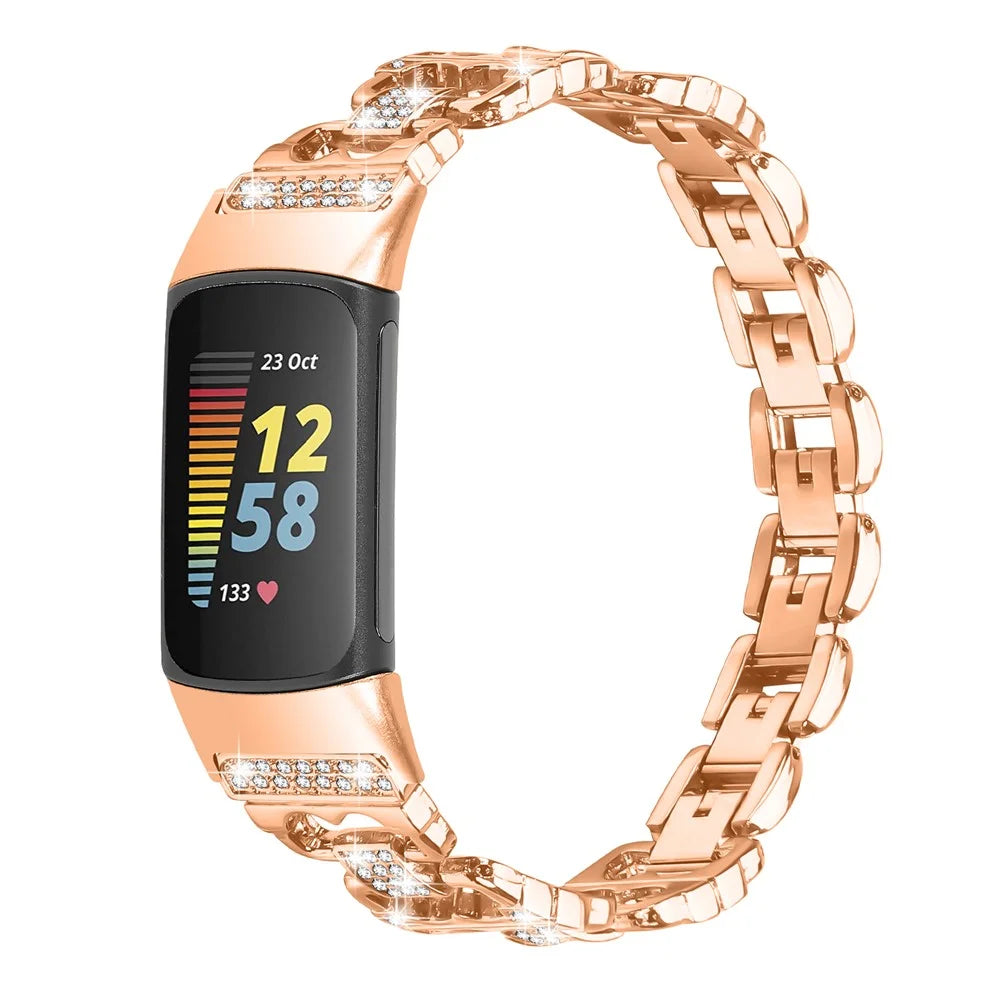 For Fitbit Charge 6 / 5 Zinc Alloy Watch Band Rhinestone Inlaid Replacement Metal Strap - Rose Gold - 2
