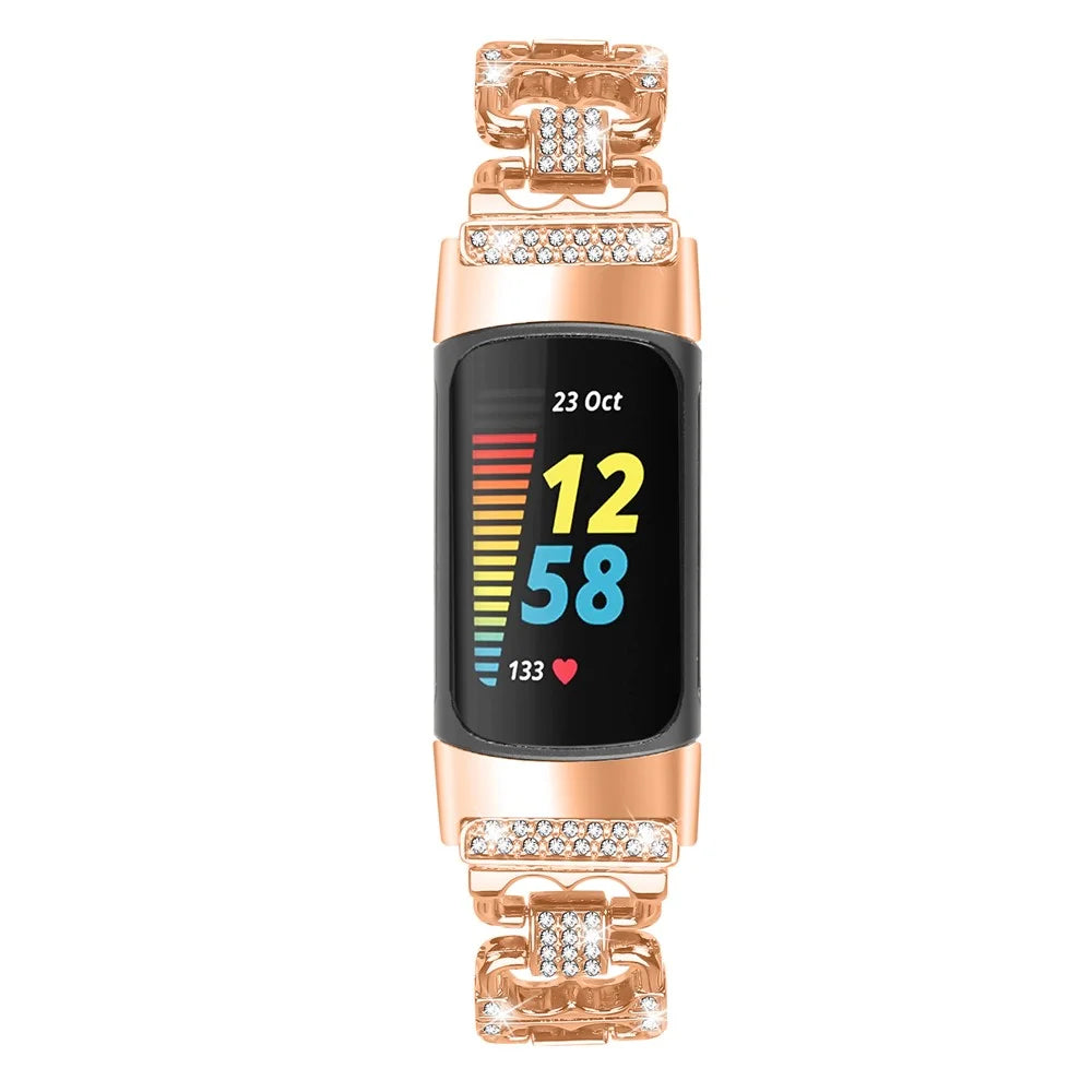 For Fitbit Charge 6 / 5 Zinc Alloy Watch Band Rhinestone Inlaid Replacement Metal Strap - Rose Gold - 3