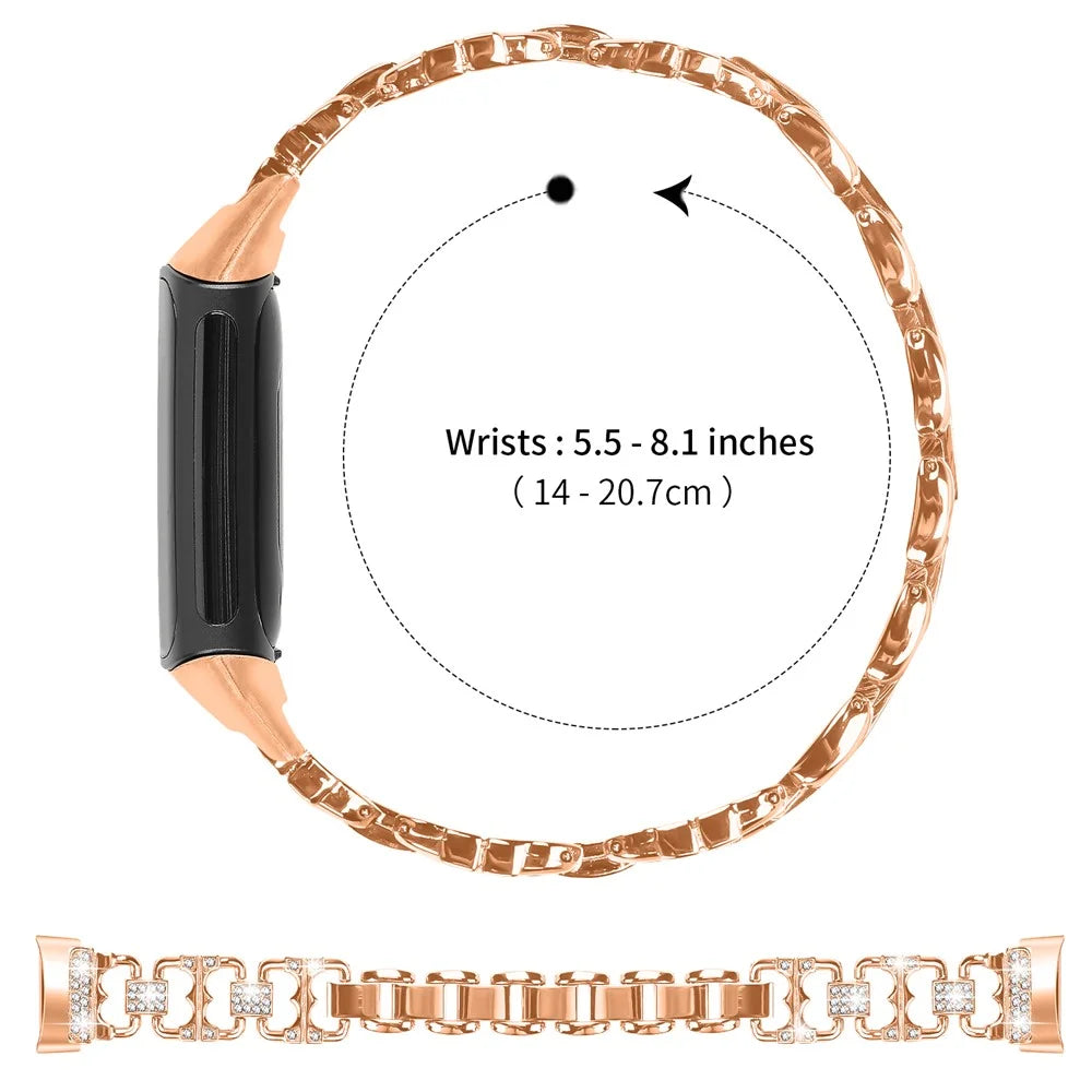 For Fitbit Charge 6 / 5 Zinc Alloy Watch Band Rhinestone Inlaid Replacement Metal Strap - Rose Gold - 6