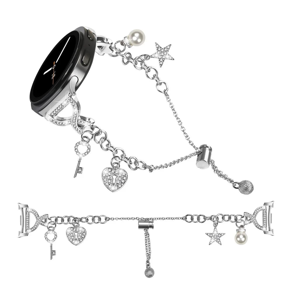 Silver Single Chain Style Watchband for Samsung Galaxy Watch8 44mm / 40mm / Watch8 Classic 46mm Metal Sliding Bracelet Strap with Heart / Key Pendant - 1