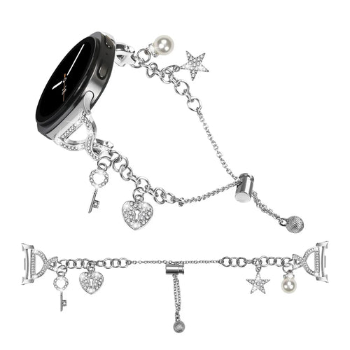 Silver Single Chain Style Watchband for Samsung Galaxy Watch8 44mm / 40mm / Watch8 Classic 46mm Metal Sliding Bracelet Strap with Heart / Key Pendant - 1
