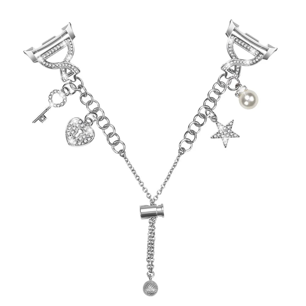 Silver Single Chain Style Watchband for Samsung Galaxy Watch8 44mm / 40mm / Watch8 Classic 46mm Metal Sliding Bracelet Strap with Heart / Key Pendant - 2