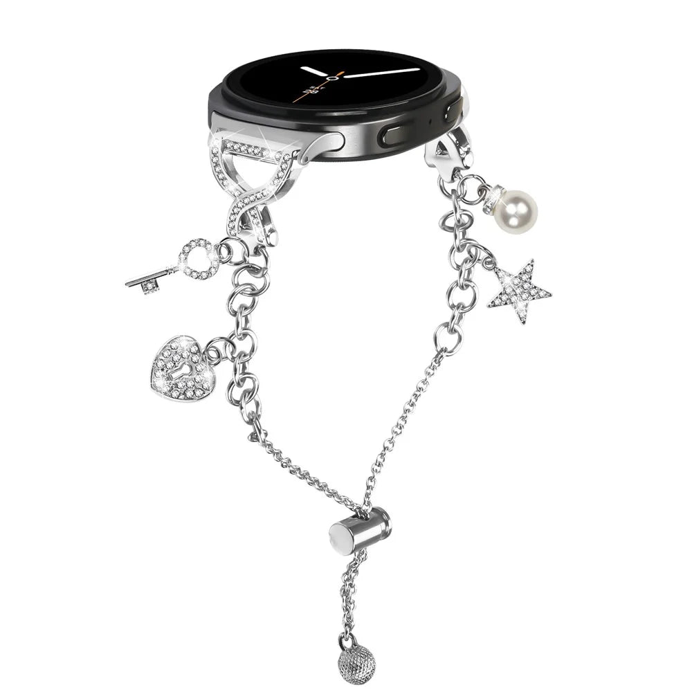 Silver Single Chain Style Watchband for Samsung Galaxy Watch8 44mm / 40mm / Watch8 Classic 46mm Metal Sliding Bracelet Strap with Heart / Key Pendant - 3