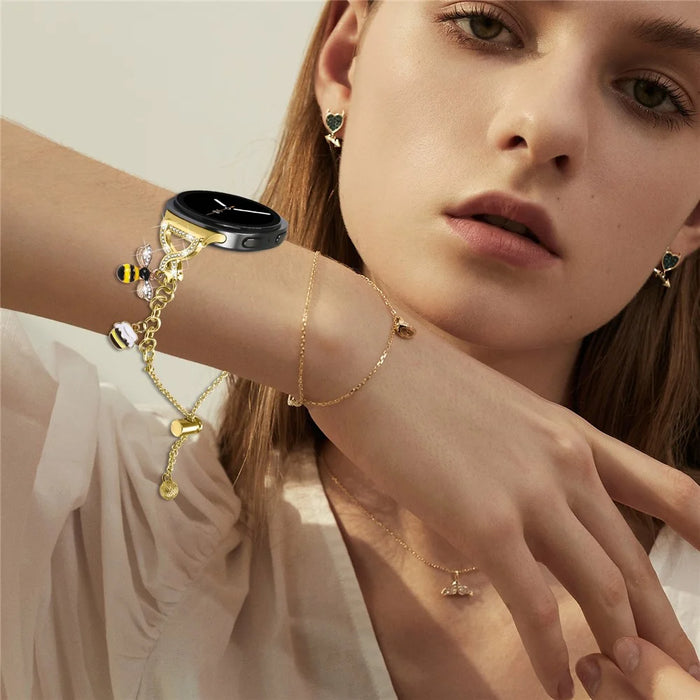 Electroplated Single Chain Style Watchband for Samsung Galaxy Watch8 44mm / 40mm / Watch8 Classic 46mm Metal Sliding Bracelet Strap with Heart / Key Pendant - Gold - 5