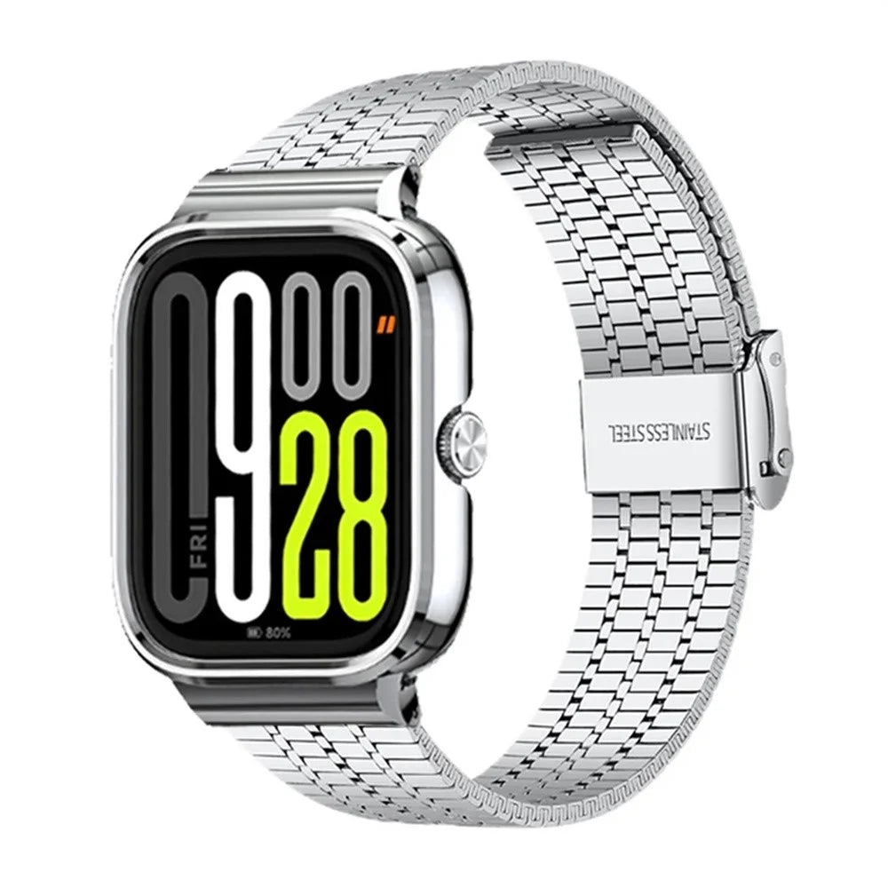 For Xiaomi Smart Band 10 Pro / 9 Pro / 8 Pro / Redmi Watch 6 / 5 / 4 Integrated Watch Band with Metal Watch Frame 7-Bead Double Clasp Stainless Steel Strap - Silver - 1