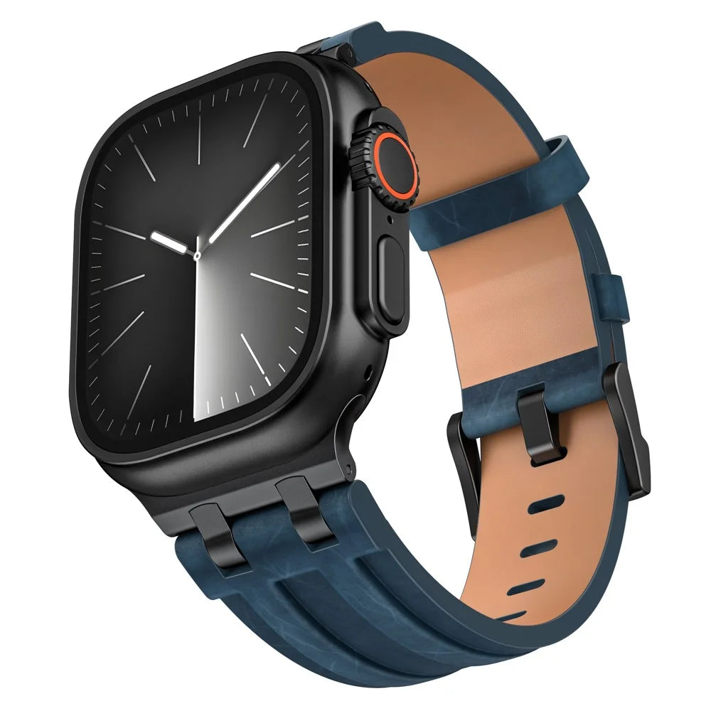 Leather Strap for Apple Watch Ultra 3 2 1 49mm  /  Series 11 10 46mm  /  9 8 7 45mm  /  SE3 SE2 SE 6 5 4 44mm  /  3 2 1 42mm Adjustable Watch Band with Stainless Steel Buckle - Dark Blue - 2