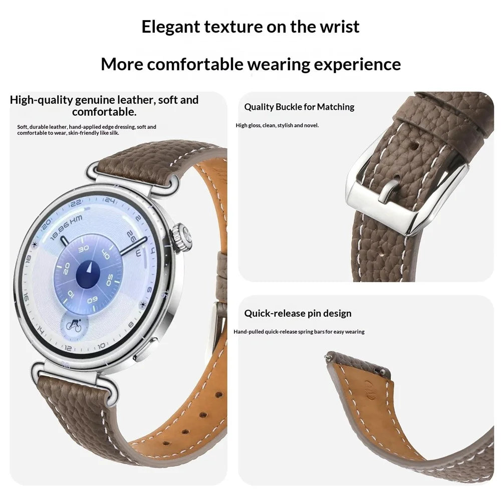 18mm Genuine Cow Leather Watch Band for Huawei Watch GT 6 / 5 / 4 41mm / Garmin Venu 3S Litchi Texture Adjustable Wrist Strap - Tan - 4
