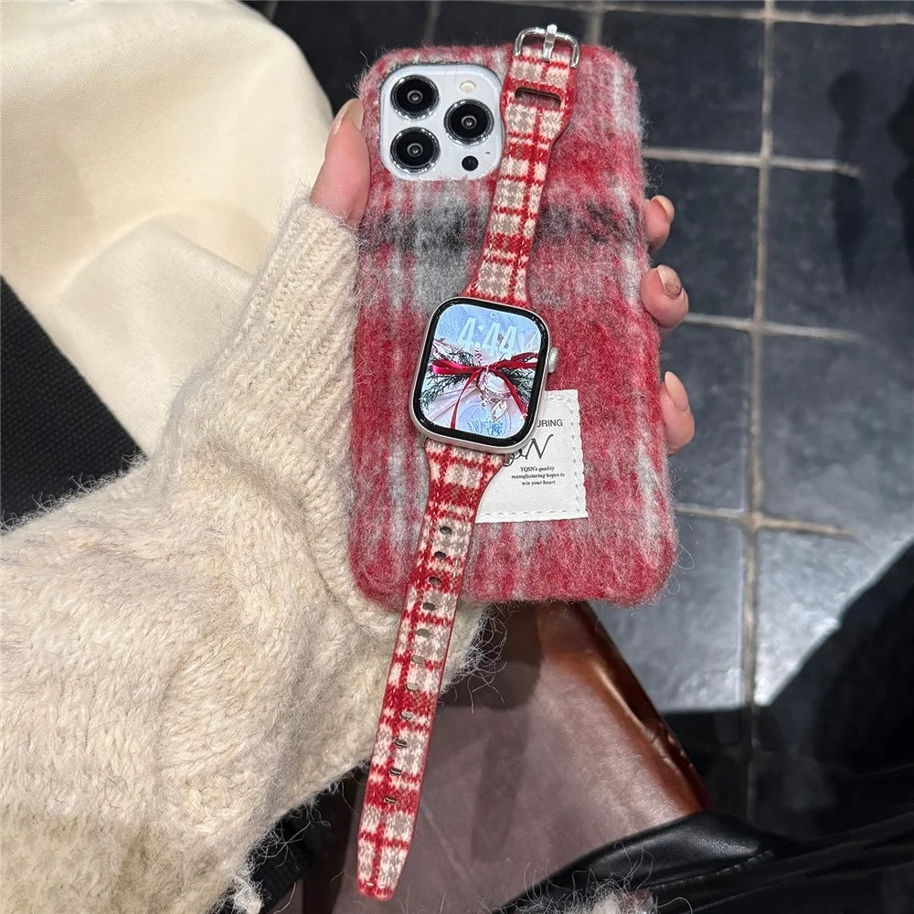 Pattern Design Wool Leather Strap for Apple Watch Series 11 10 42mm  /  9 8 7 41mm  /  SE3 SE2 SE 6 5 4 40mm  /  3 2 1 38mm Watch Band - Red White / Silver Buckle - 3