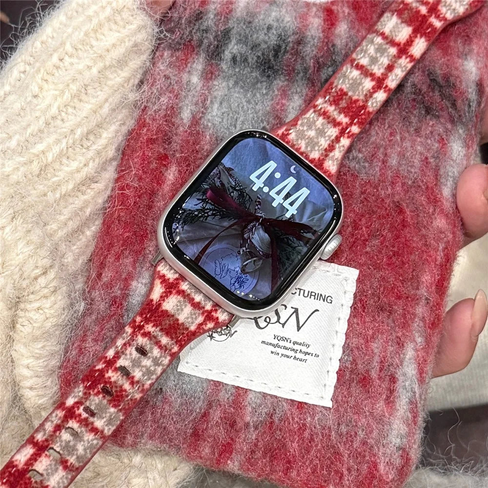 Pattern Design Wool Leather Strap for Apple Watch Series 11 10 42mm  /  9 8 7 41mm  /  SE3 SE2 SE 6 5 4 40mm  /  3 2 1 38mm Watch Band - Red White / Silver Buckle - 4
