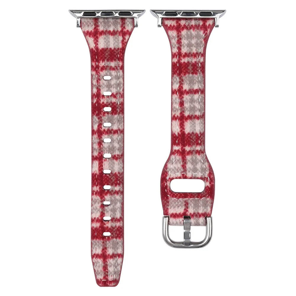 Pattern Design Wool Leather Strap for Apple Watch Ultra 3 2 1 49mm  /  Series 11 10 46mm  /  9 8 7 45mm  /  SE3 SE2 SE 6 5 4 44mm  /  3 2 1 42mm Watch Band - Red White / Silver Buckle - 1