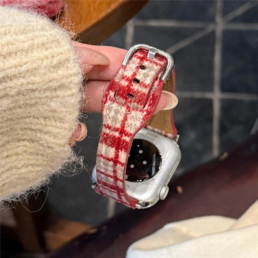 Pattern Design Wool Leather Strap for Apple Watch Ultra 3 2 1 49mm  /  Series 11 10 46mm  /  9 8 7 45mm  /  SE3 SE2 SE 6 5 4 44mm  /  3 2 1 42mm Watch Band - Red White / Silver Buckle - 5