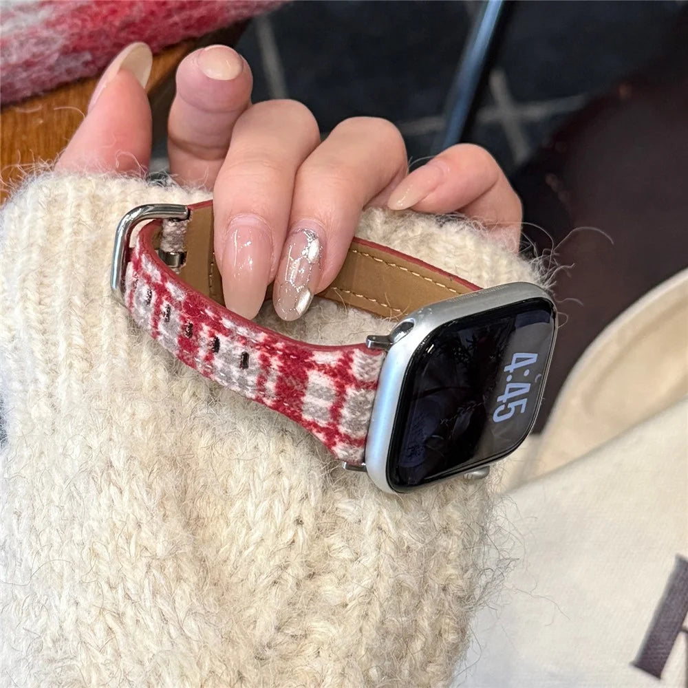 Pattern Design Wool Leather Strap for Apple Watch Ultra 3 2 1 49mm  /  Series 11 10 46mm  /  9 8 7 45mm  /  SE3 SE2 SE 6 5 4 44mm  /  3 2 1 42mm Watch Band - Red White / Silver Buckle - 6