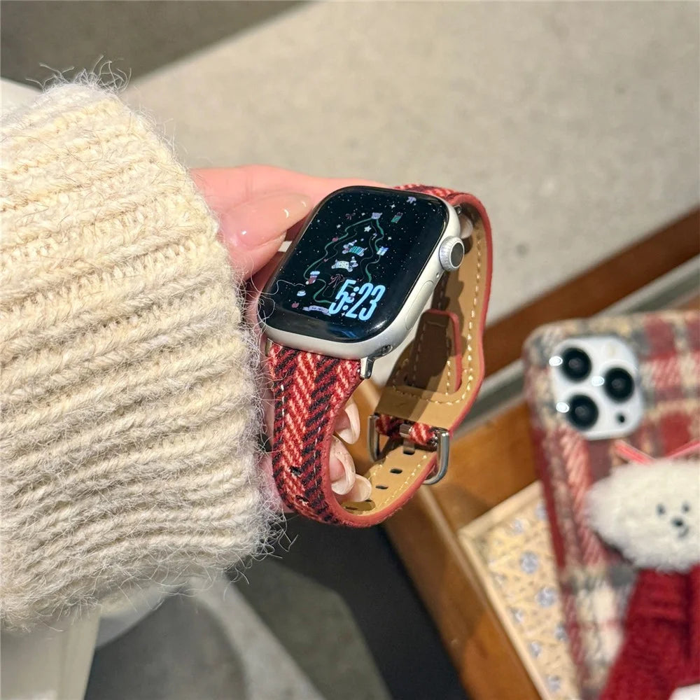 Xmas Style Wool + Leather Strap for Apple Watch Series 11 10 42mm  /  9 8 7 41mm  /  SE3 SE2 SE 6 5 4 40mm  /  3 2 1 38mm Watch Band - Red / Black - 3