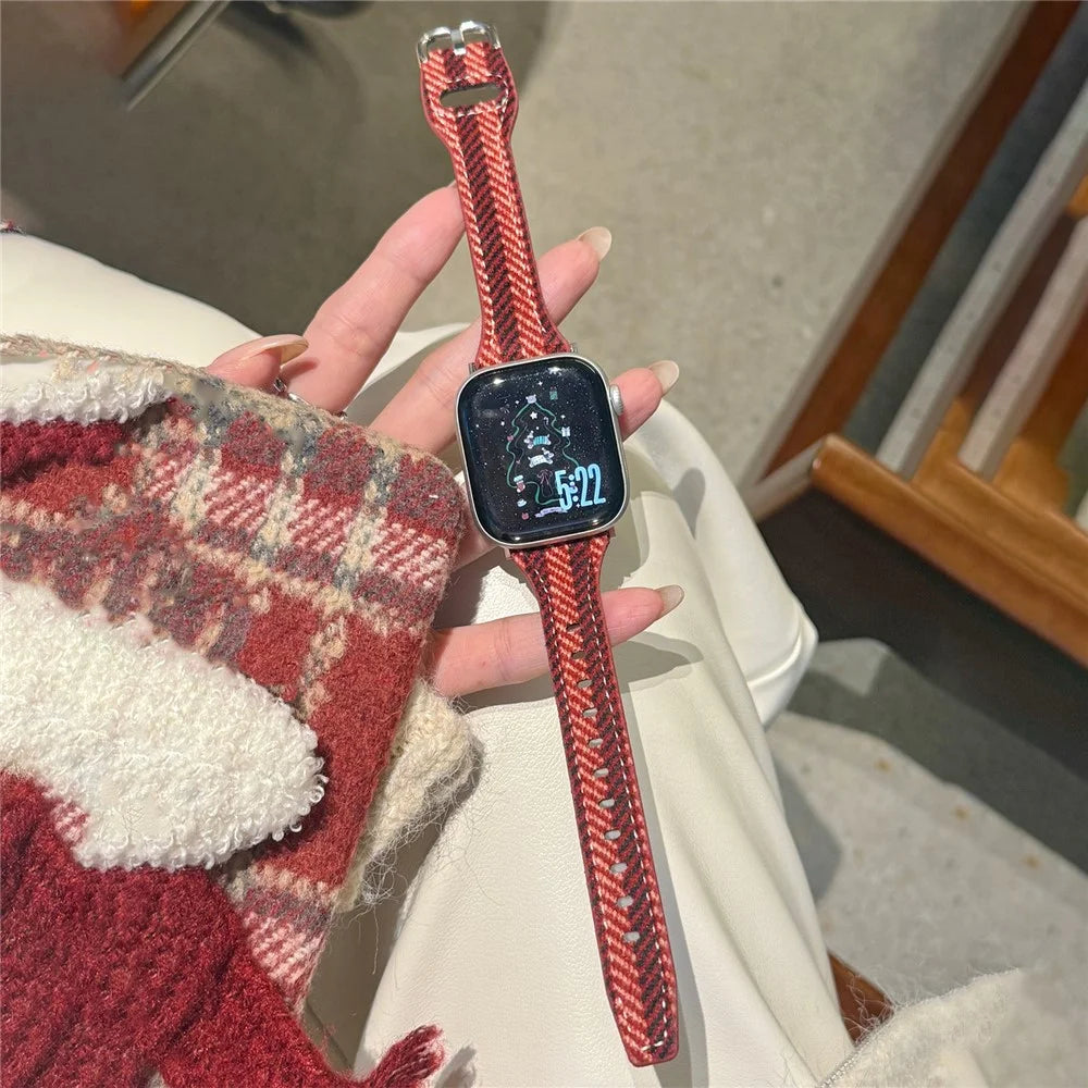Xmas Style Wool + Leather Strap for Apple Watch Ultra 3 2 1 49mm  /  Series 11 10 46mm  /  9 8 7 45mm  /  SE3 SE2 SE 6 5 4 44mm  /  3 2 1 42mm Watch Band - Red / Black - 2