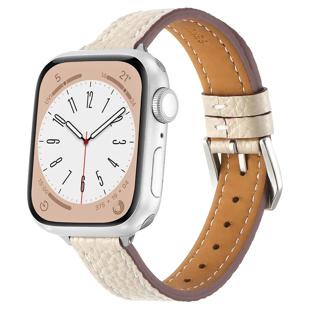 Genuine Cow Leather Watch Band for Apple Watch Series 11 10 42mm  /  9 8 7 41mm  /  SE3 SE2 SE 6 5 4 40mm  /  3 2 1 38mm Litchi Texture Adjustable Wrist Strap - Starlight - 2