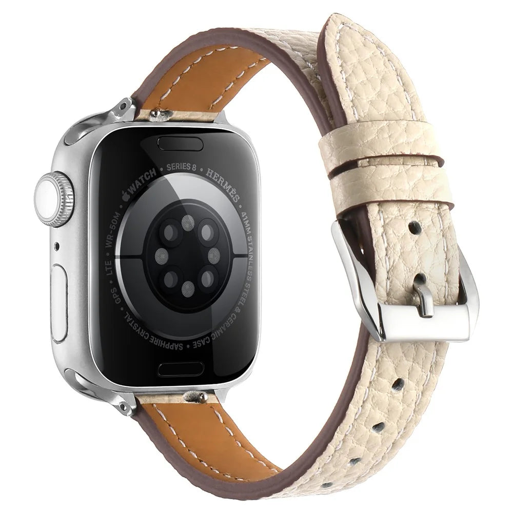 Genuine Cow Leather Watch Band for Apple Watch Ultra 3 2 1 49mm  /  Series 11 10 46mm  /  9 8 7 45mm  /  SE3 SE2 SE 6 5 4 44mm  /  3 2 1 42mm Litchi Texture Adjustable Wrist Strap - Starlight - 1