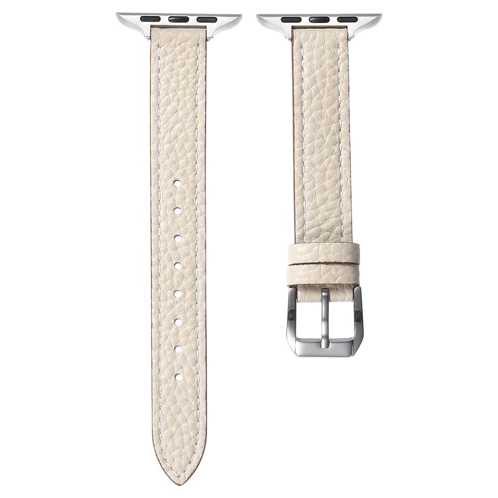Genuine Cow Leather Watch Band for Apple Watch Ultra 3 2 1 49mm  /  Series 11 10 46mm  /  9 8 7 45mm  /  SE3 SE2 SE 6 5 4 44mm  /  3 2 1 42mm Litchi Texture Adjustable Wrist Strap - Starlight - 3